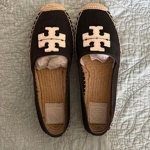 Tory Burch Black Canvas Espadrille Flats with White Logo